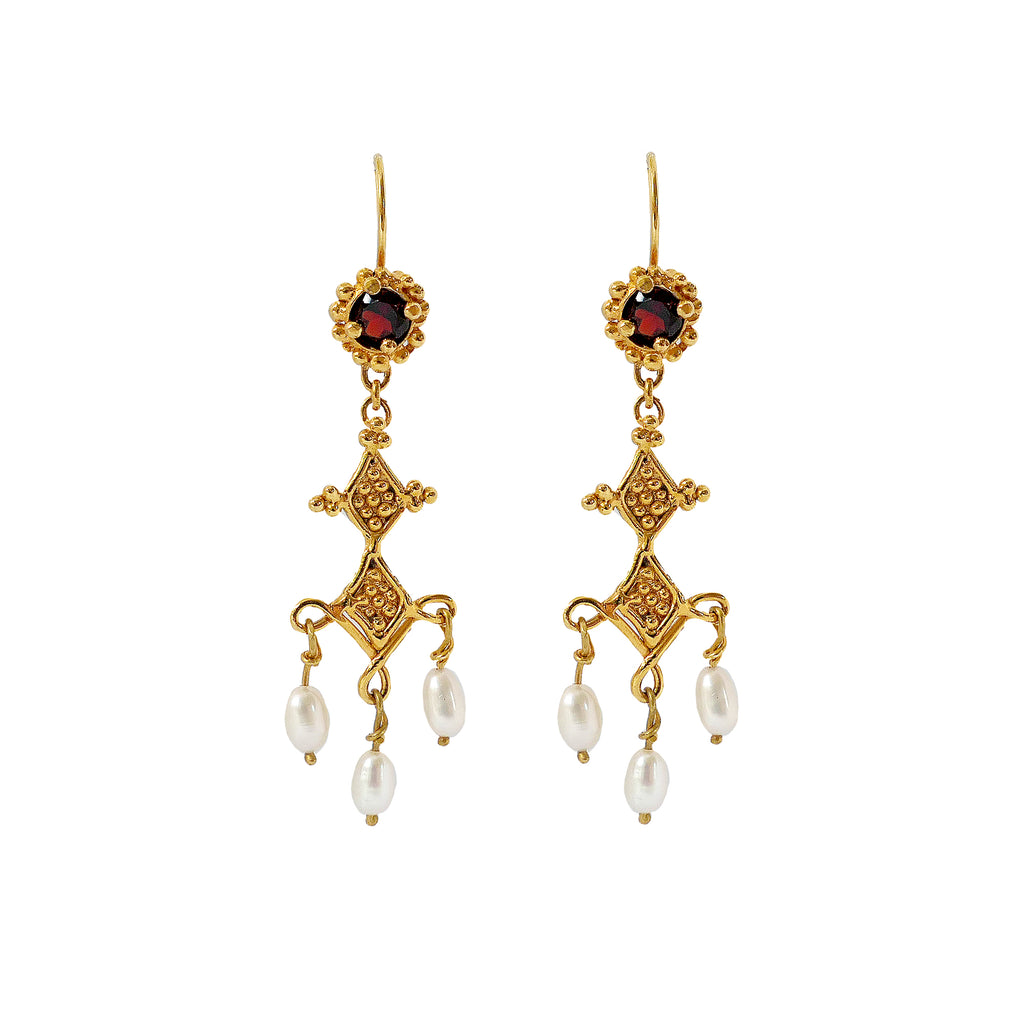Ancient Roman style Achemetis Prophecy earrings - gold with garnets and pearls by Jesse Ball at Jupiter's Grace