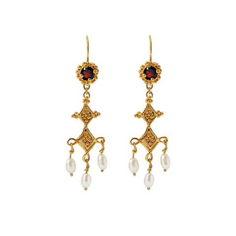 Ancient Roman style Achemetis Prophecy earrings - gold with garnets and pearls by Jesse Ball at Jupiter's Grace