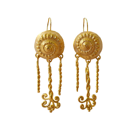 Gold aphrodite shell earrings inspired by the Goddess Aphrodite and pilgrimages. Made by Jesse Ball at Jupiter's Grace