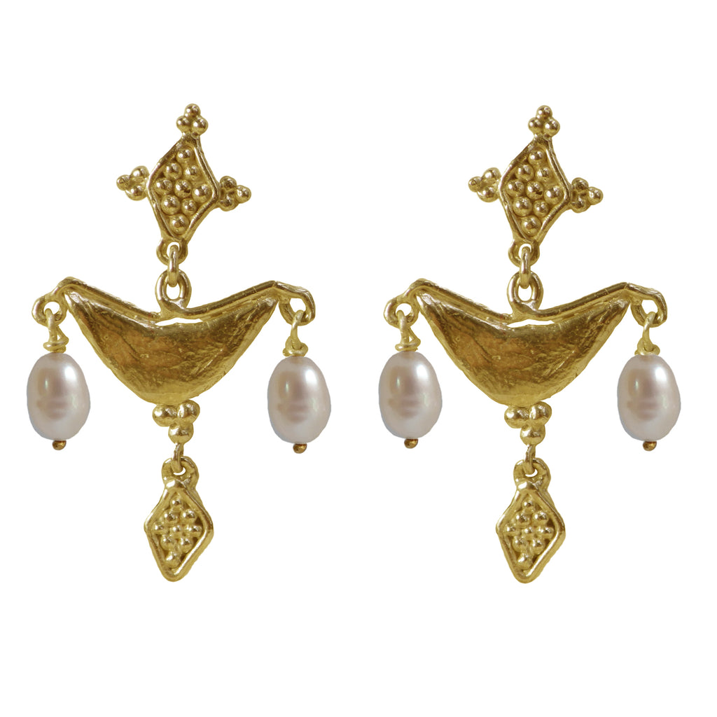 Roman style Gold Amphora earrings with pearls made by Jesse Ball @ Jupiter's Grace