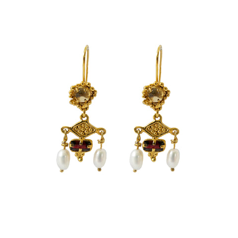 Gold Lakshmi earrings with garnet pearls and citrine by Jesse Ball at Jupiter's Grace