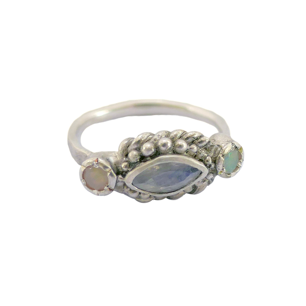 Silver ring with moonstone and opals made by Jesse Ball at Jupiter's Grace