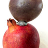 Silver moonstone ring with opals displayed between a pomegranate and passion fruit. Made by Jesse Ball at Jupiter's Grace